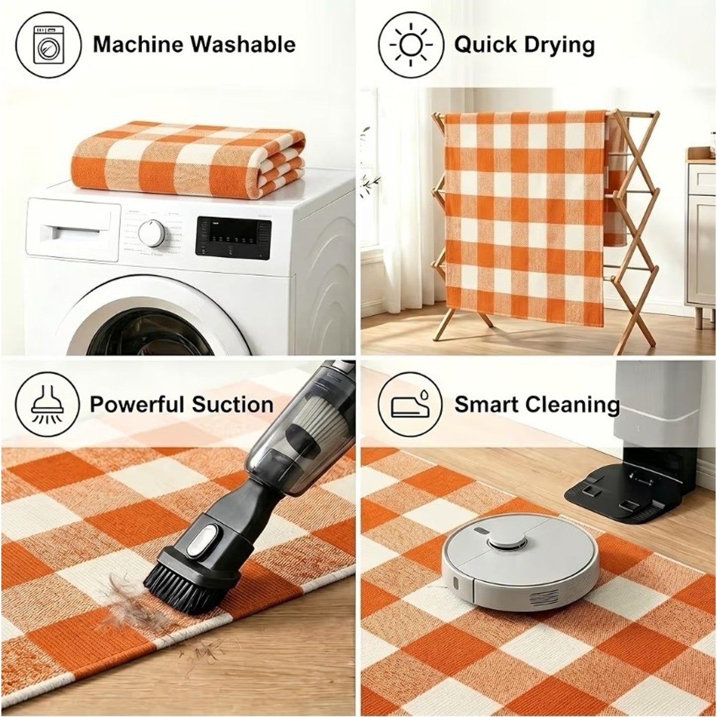 27.5 X 43 Orange and White Checked Outdoor Rug Buffalo Plaid Cotton Washable