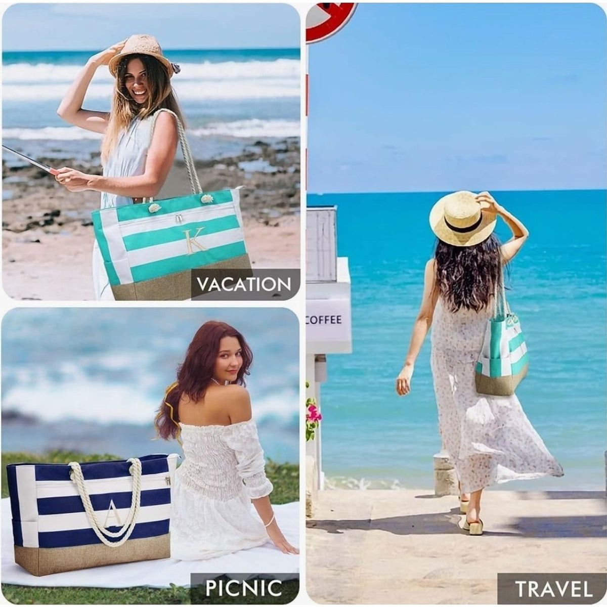 Initial Canvas Waterproof Beach Tote Bag Zipper Personalized Gifts for Women Her