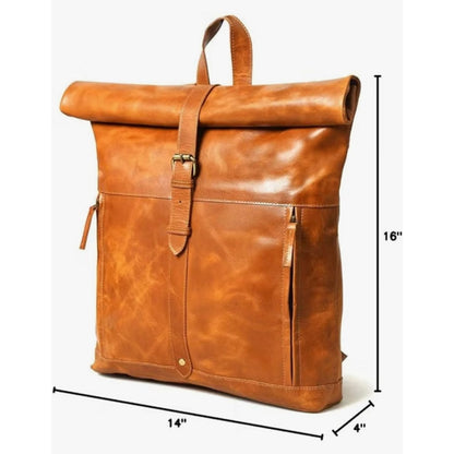 Genuine Leather Backpack for Women, Roll Top Backpack, Laptop Bookbag, Roll On V