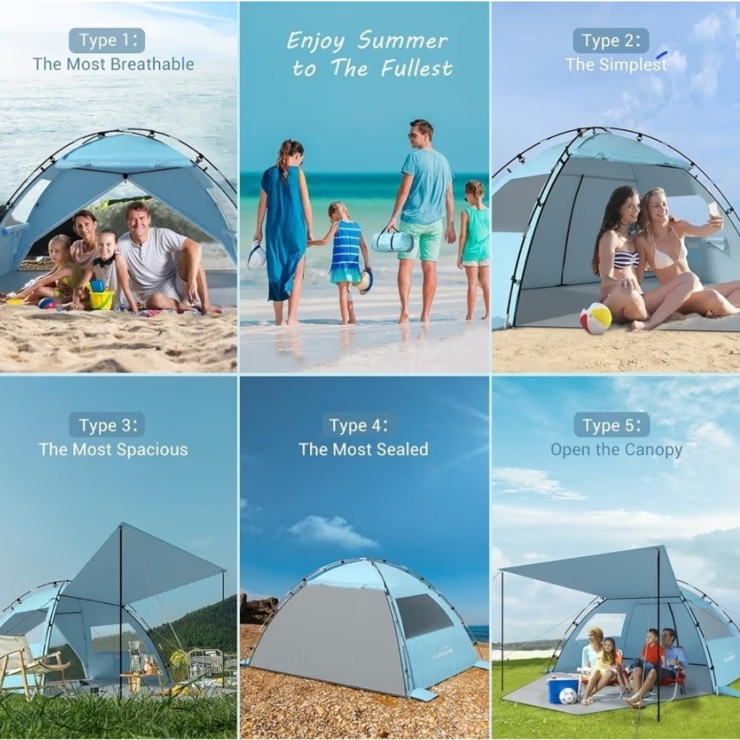 Elegear Beach Tent Sun Shelter with Canopy, 4-5 Person Pop Up Beach Tent
