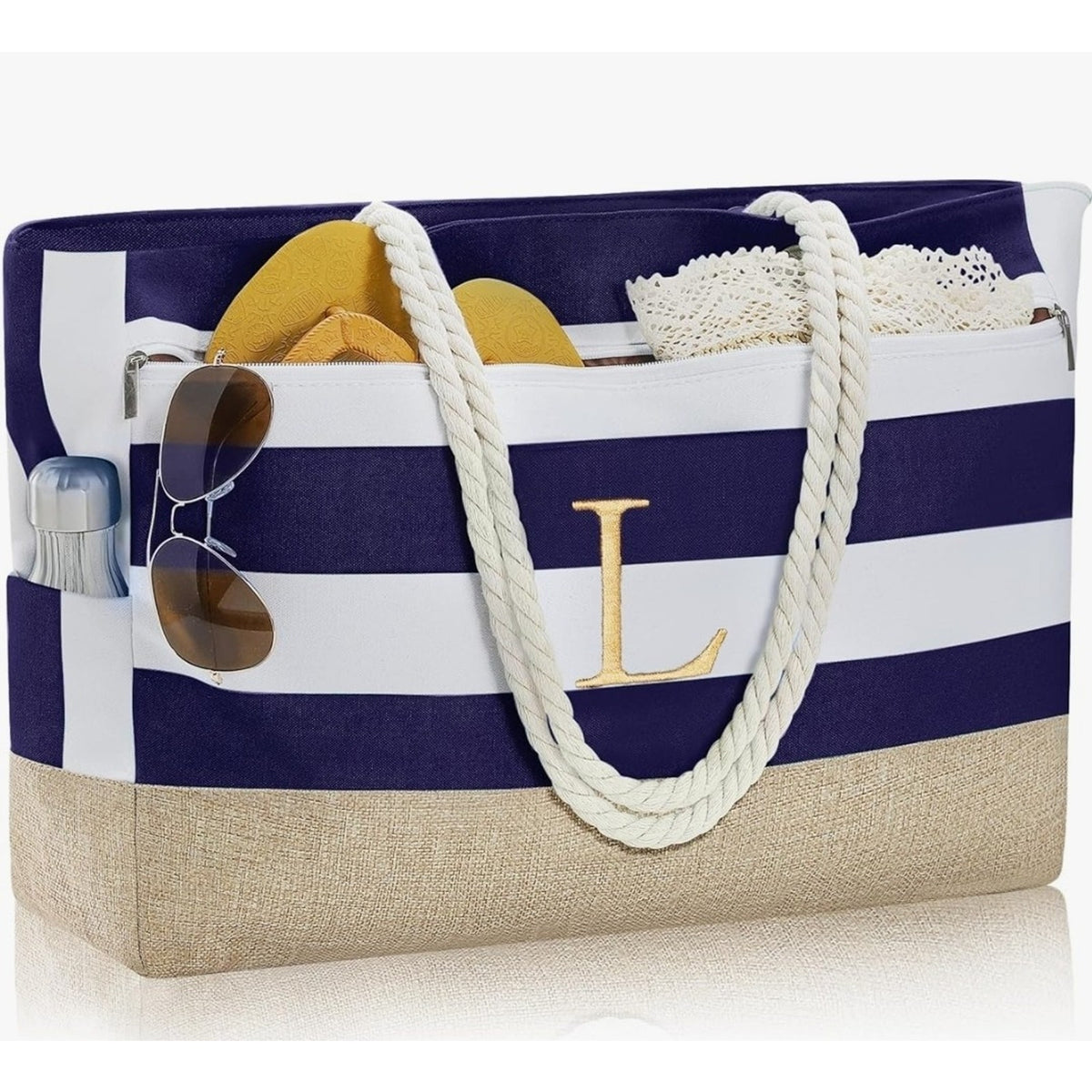 Initial Canvas Waterproof Beach Tote Bag Zipper Personalized Gifts for Women Her