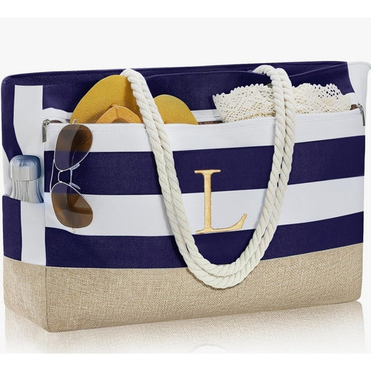 Initial Canvas Waterproof Beach Tote Bag Zipper Personalized Gifts for Women Her