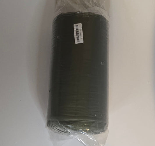 full size comforter set in soft neutral tones, rolled into a plastic packaging