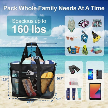 Mesh Beach Bag - Large Beach Tote Bag with Multiple Pockets for Family Beach ...