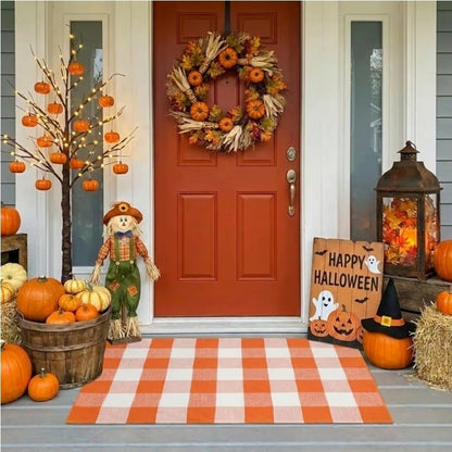 27.5 X 43 Orange and White Checked Outdoor Rug Buffalo Plaid Cotton Washable
