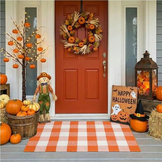 27.5 X 43 Orange and White Checked Outdoor Rug Buffalo Plaid Cotton Washable