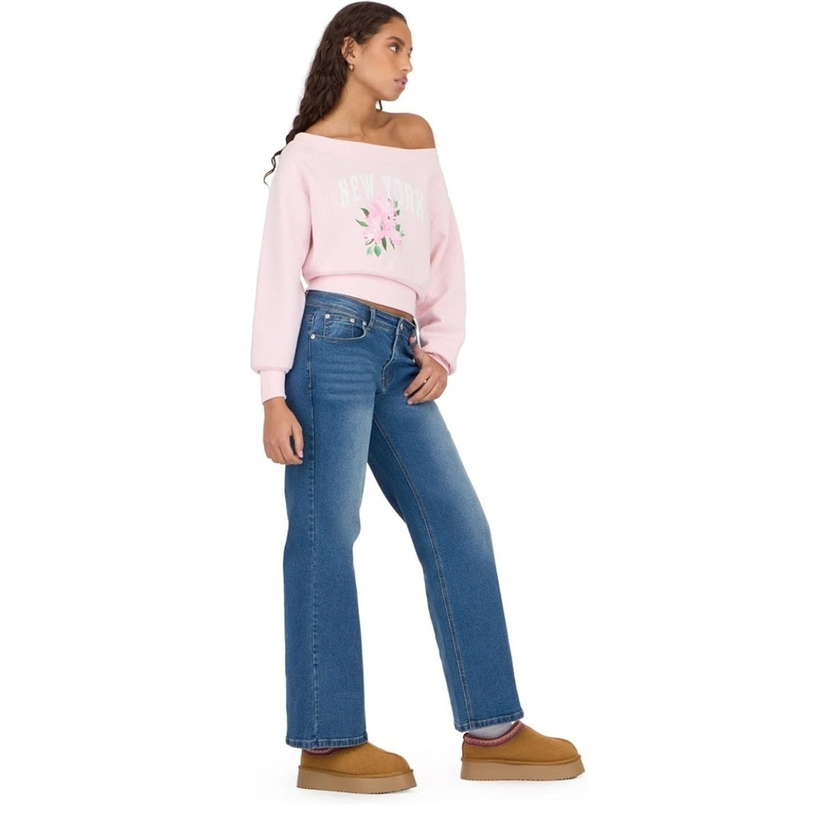 Off the Shoulder Oversized Sweatshirt White Cropped Pullover Women's S