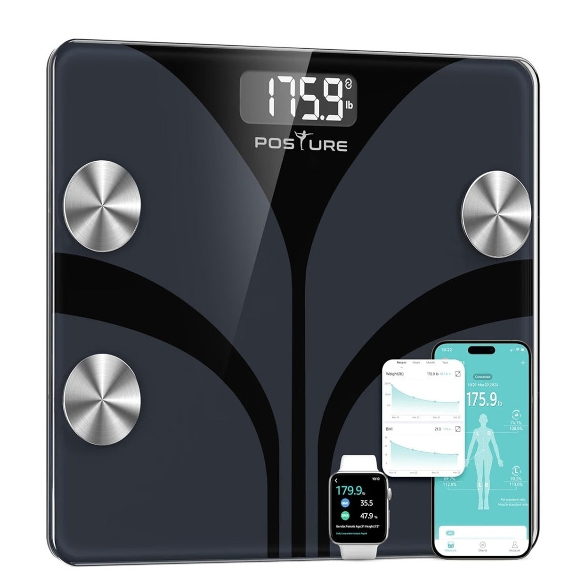 Posture Smart Body Weight Scale Digital BMI Fat Analyzer Bluetooth 400lb Black - Used