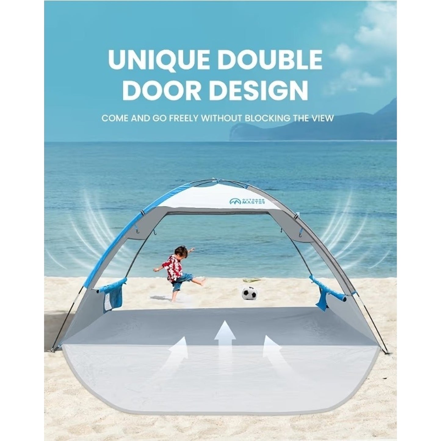 Beach Tent Sun Shelter with 2 Ventilated Doors, UPF50+ Easy Setup Beach Blue