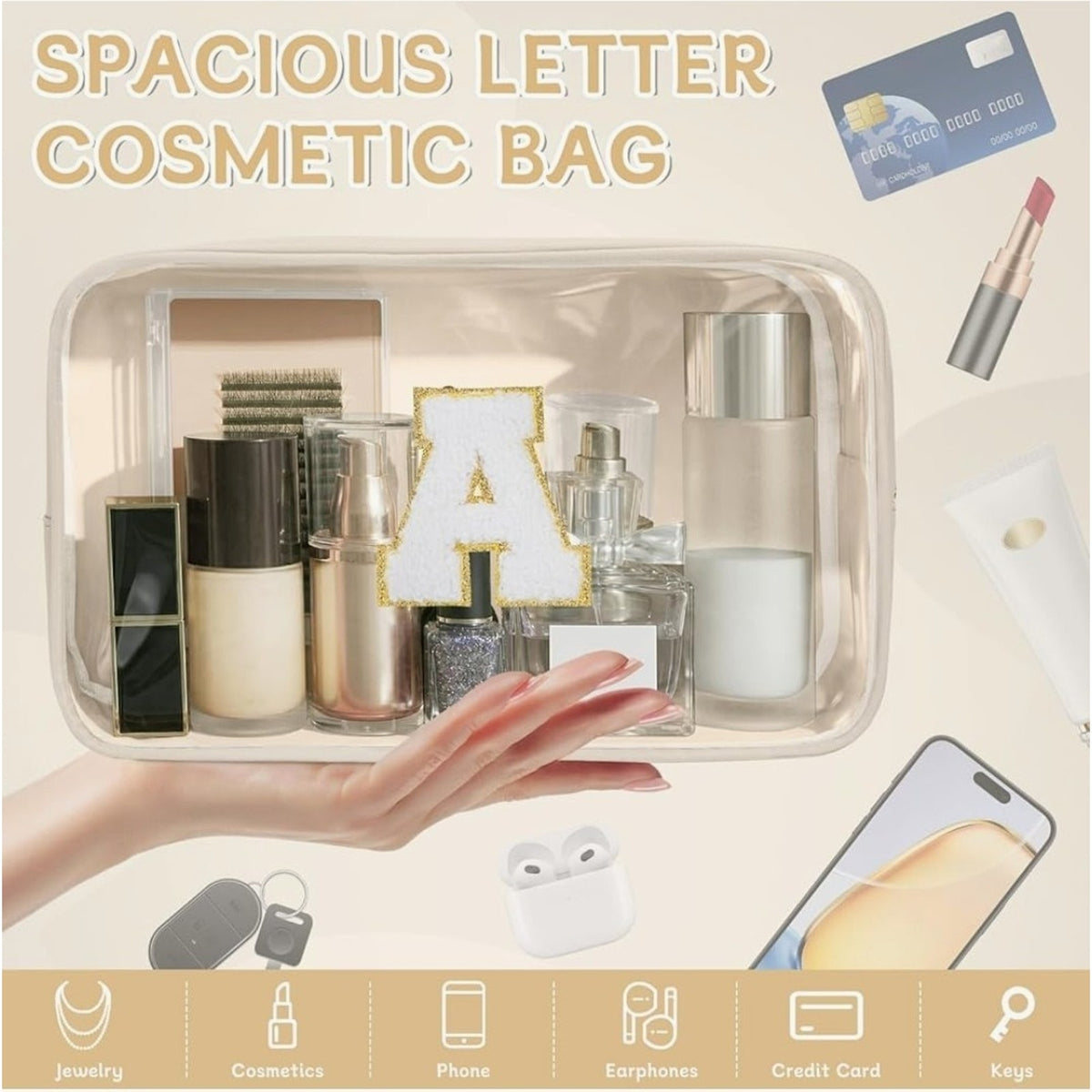 Small Clear Personalized Initial Makeup Bag,Nylon Preppy A-Z A, Small-Pink