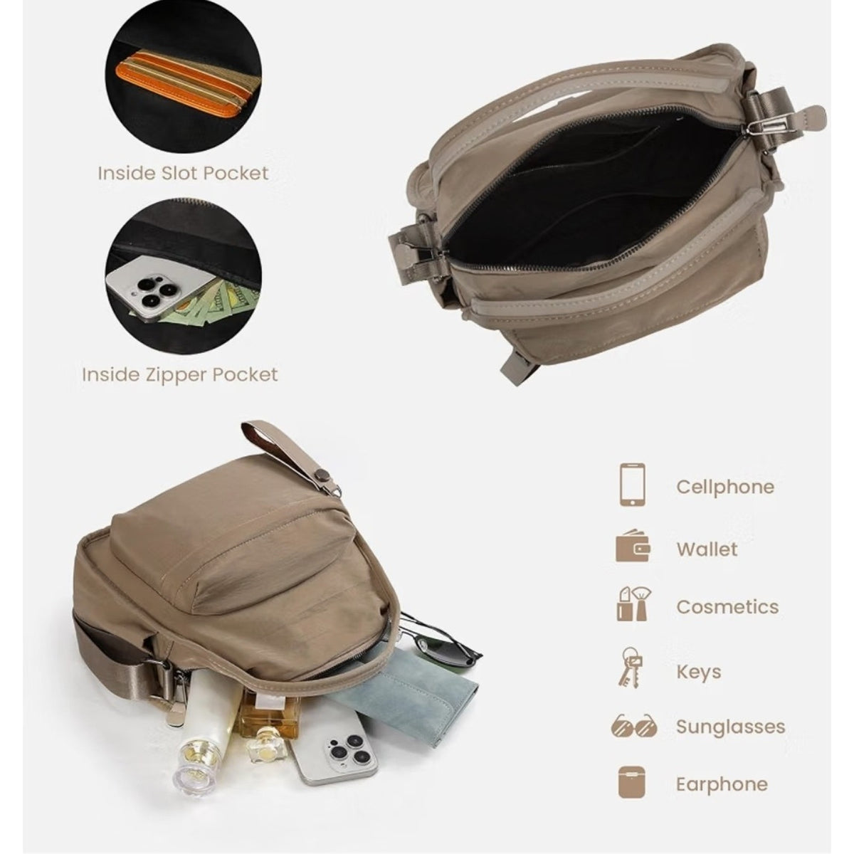 CEUTNIZ Elegant Solid Color Shoulder Bag for Women Casual Nylon Front Pocket ...