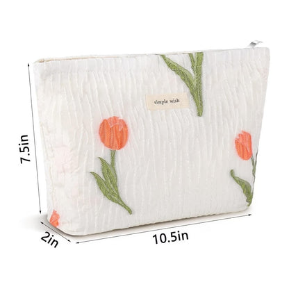 Tulip Makeup Bag for Women Floral Makeup Pouch for Purse Zipper AF Tulip White