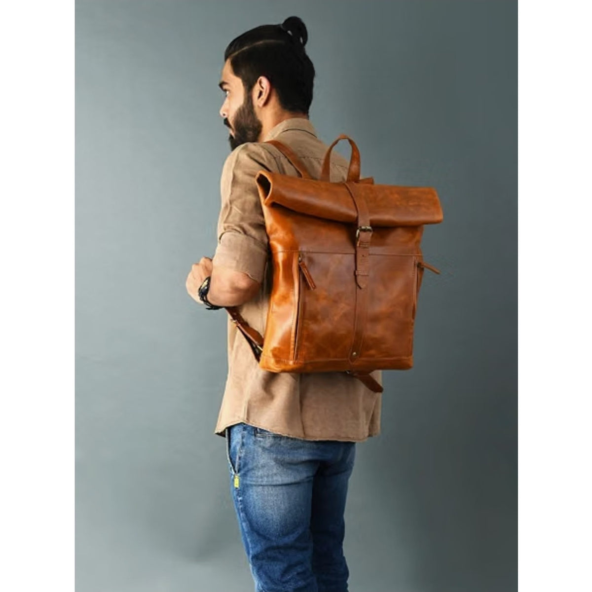 Genuine Leather Backpack for Women, Roll Top Backpack, Laptop Bookbag, Roll On V
