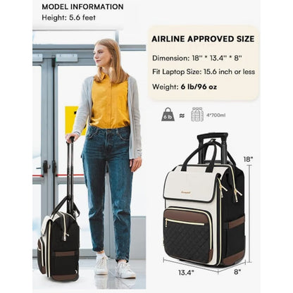 Rolling Backpack for Women, Travel Rolling Laptop Backpack with Beige Brown