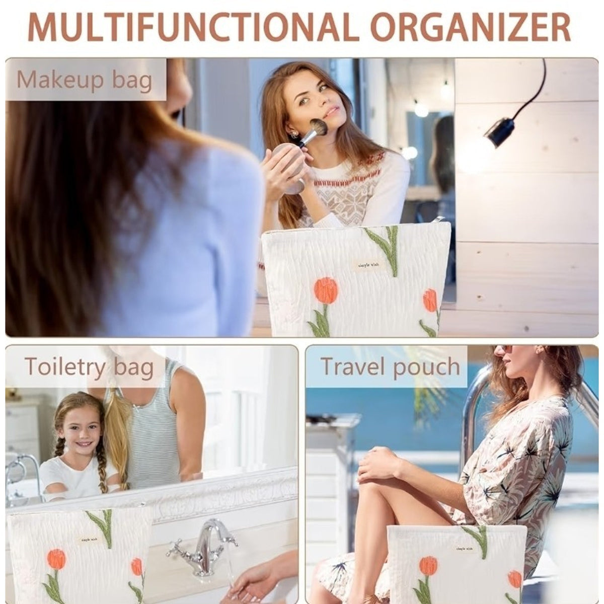 Tulip Makeup Bag for Women Floral Makeup Pouch for Purse Zipper AF Tulip White