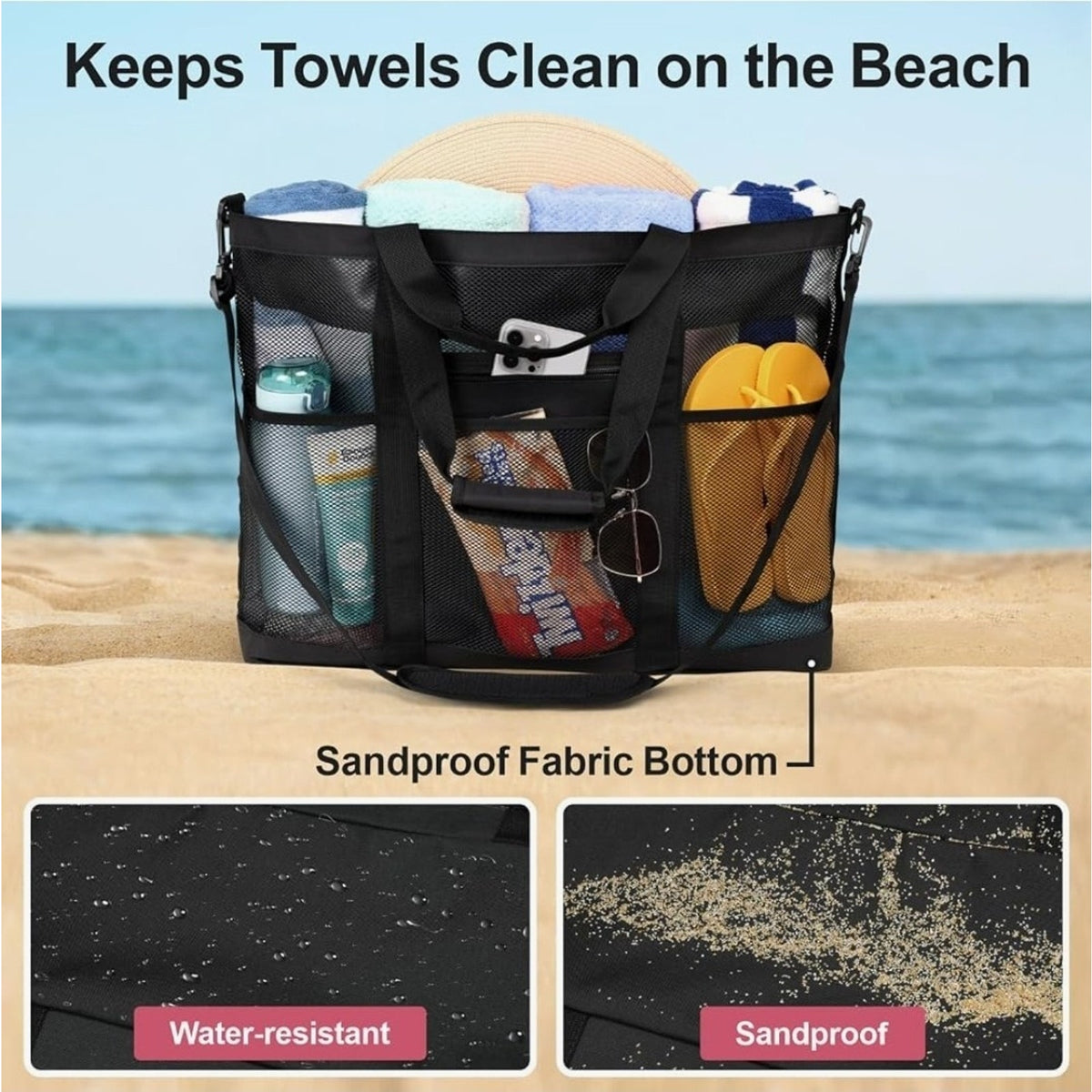 Mesh Beach Bag - Large Beach Tote Bag with Multiple Pockets for Family Beach ...