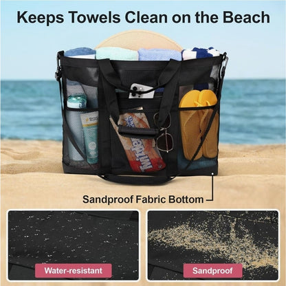 Mesh Beach Bag - Large Beach Tote Bag with Multiple Pockets for Family Beach ...