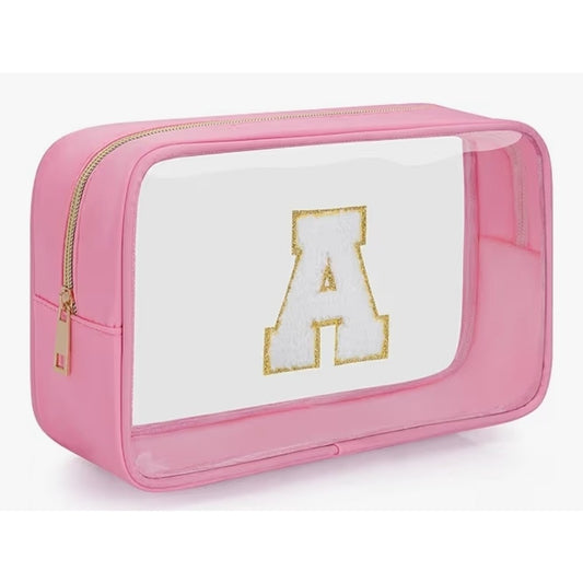 Small Clear Personalized Initial Makeup Bag,Nylon Preppy A-Z A, Small-Pink