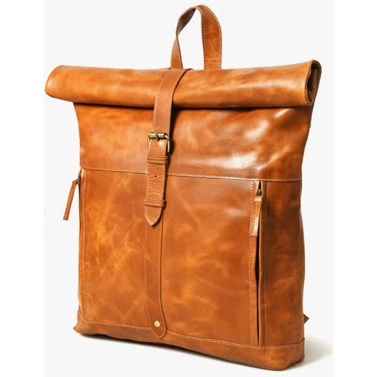 Genuine Leather Backpack for Women, Roll Top Backpack, Laptop Bookbag, Roll On V