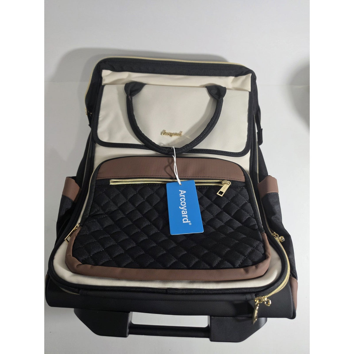Rolling Backpack for Women, Travel Rolling Laptop Backpack with Beige Brown