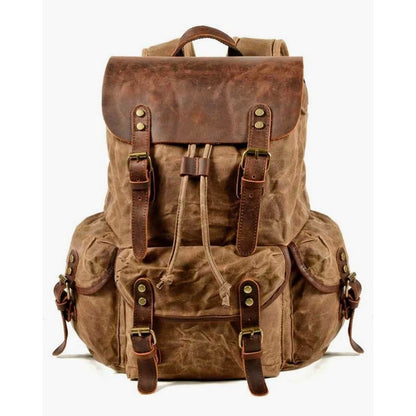 Men Waxed Canvas Leather Backpack Travel Rucksack Camping Hiking School Book Bag