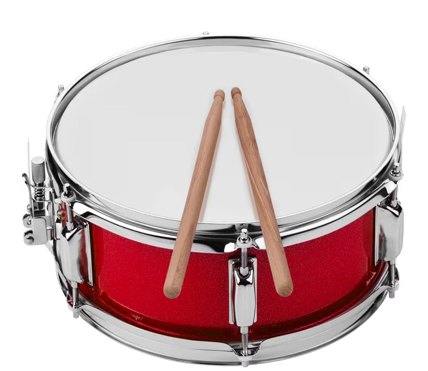 Red snare drum with two drumsticks.