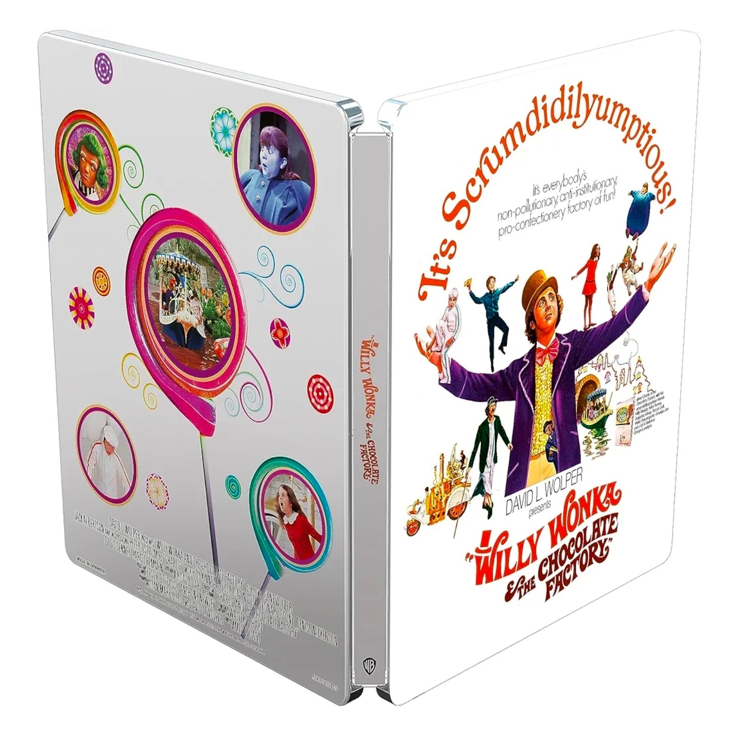 Willy Wonka & the Chocolate Factory movie steelbook with colorful design and character illustrations.