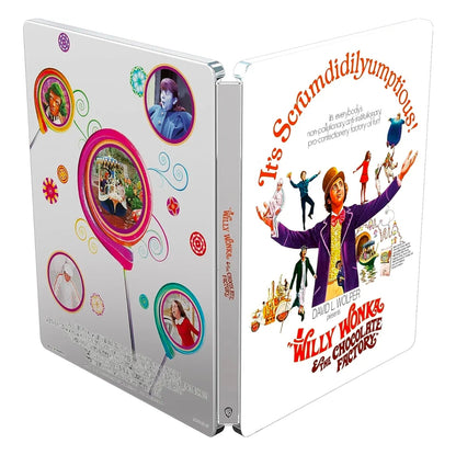 Willy Wonka & the Chocolate Factory movie steelbook with colorful design and character illustrations.