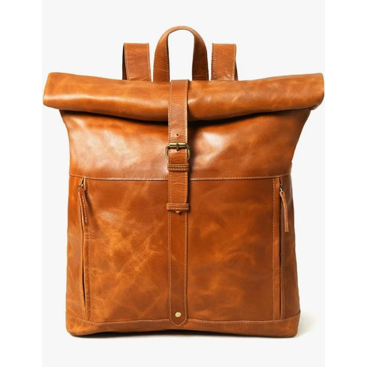 Genuine Leather Backpack for Women, Roll Top Backpack, Laptop Bookbag, Roll On V