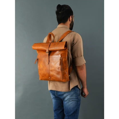 Genuine Leather Backpack for Women, Roll Top Backpack, Laptop Bookbag, Roll On V
