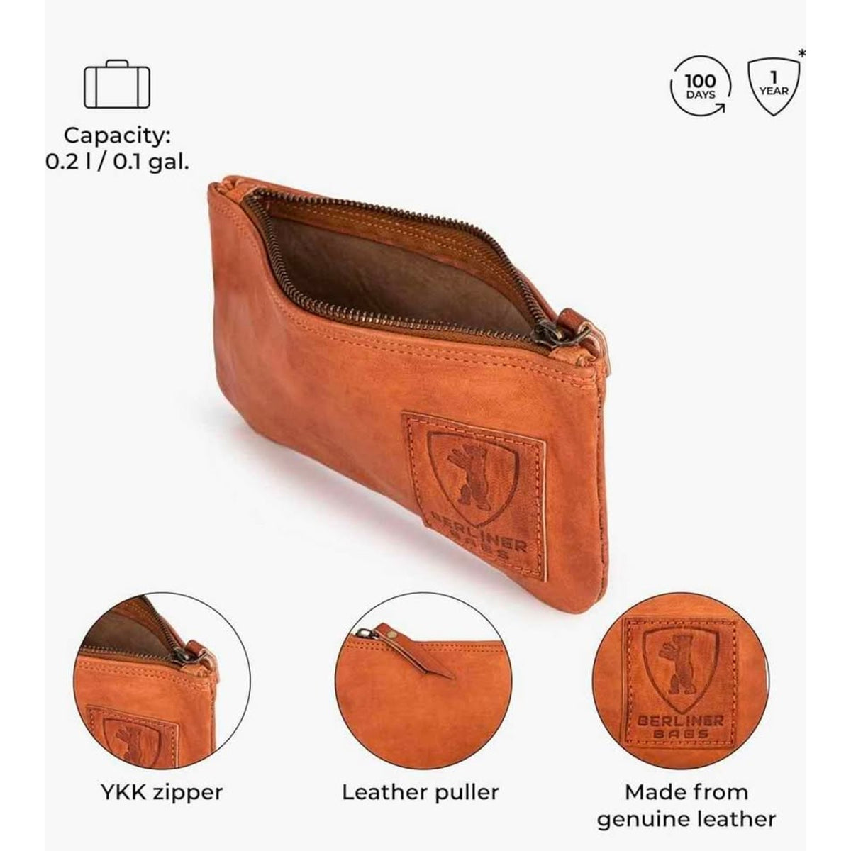 BERLINER BAGS Vintage Genuine Leather Pencil Case, Pen Pouch for Work and Univer