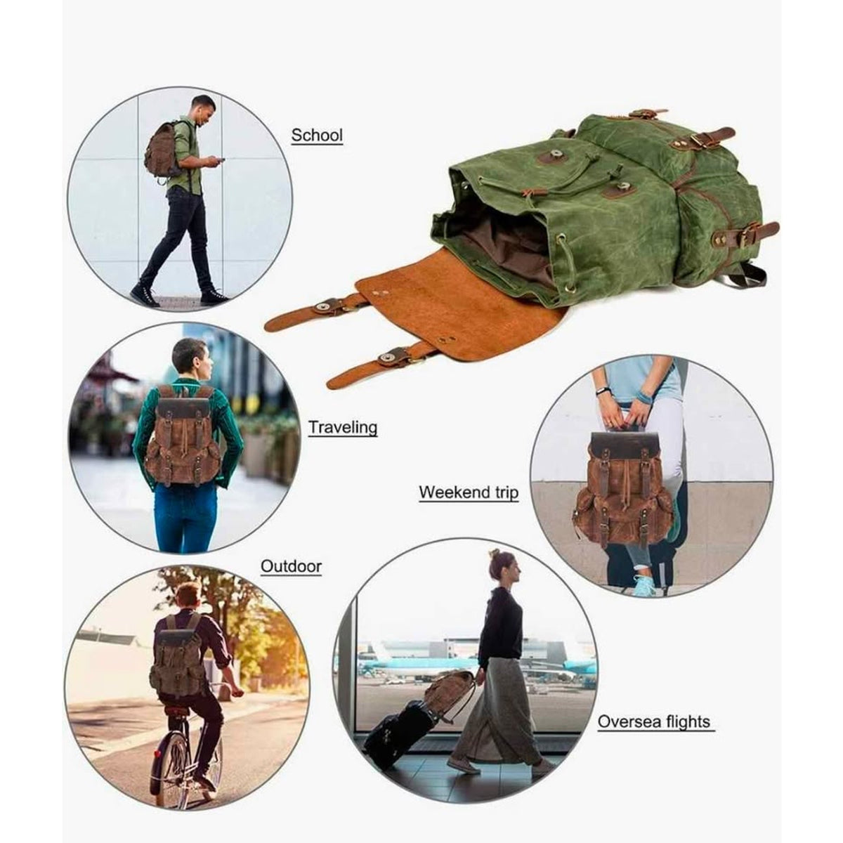 Men Waxed Canvas Leather Backpack Travel Rucksack Camping Hiking School Book Bag