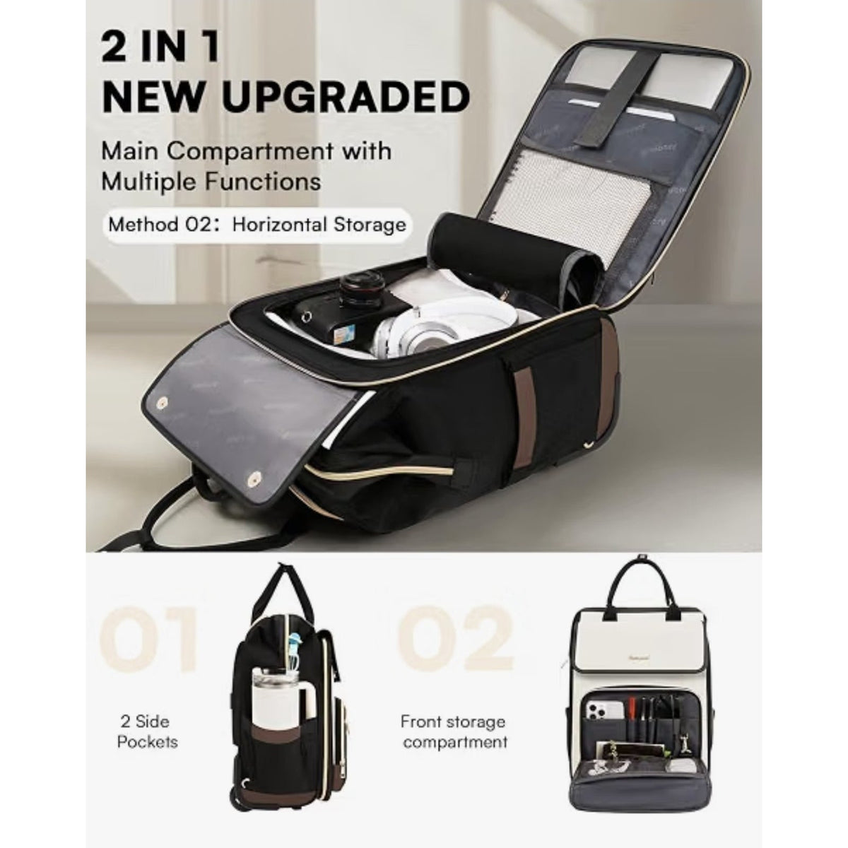 Rolling Backpack for Women, Travel Rolling Laptop Backpack with Beige Brown