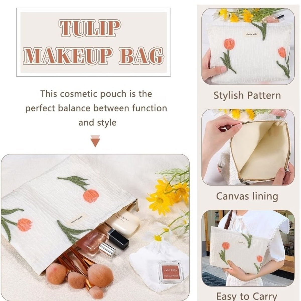 Tulip Makeup Bag for Women Floral Makeup Pouch for Purse Zipper AF Tulip White