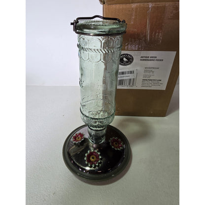 Elegant Clear Antique Glass Hummingbird Feeder with 4 Feeding Ports & 10 Oz READ