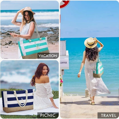 Initial Canvas Waterproof Beach Tote Bag Zipper Personalized Gifts for Women Her